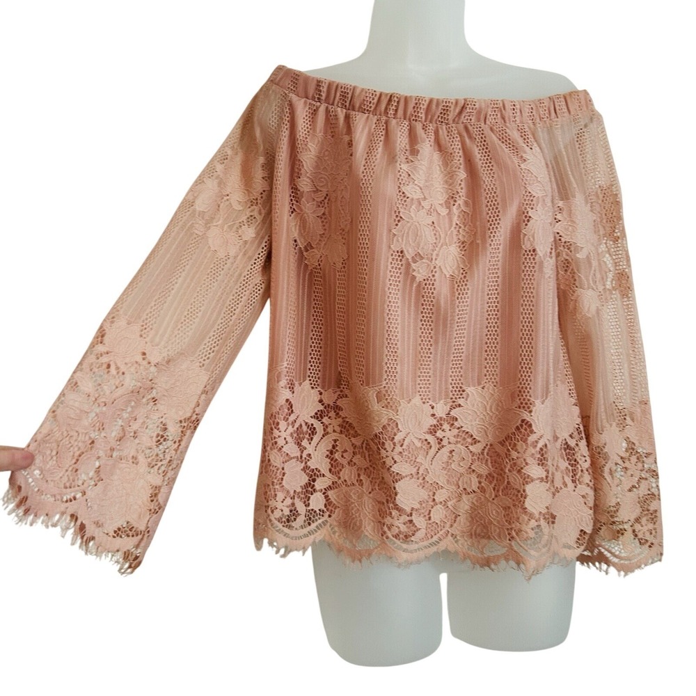 Arizona Top Sz M Pink Lace Off Shoulder Coquette Lined Mesh Soft Girl Romantic